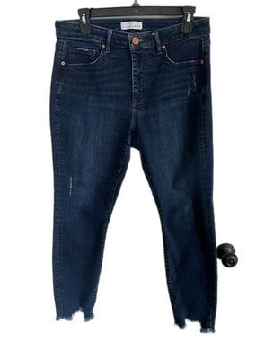 LOFT Dark Wash Denim Distressed Curvy Skinny High-Rise Jeans Frayed Bottoms 8/29